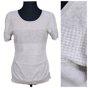 OST Cotton Pointelle Knit Gray White Short Sleeve Split Hem Light Boho Sweater